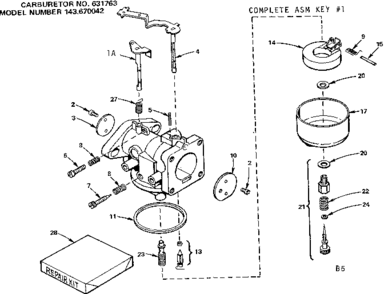 Carburetor Diagram and Parts List for 143670042  Craftsman Engine
