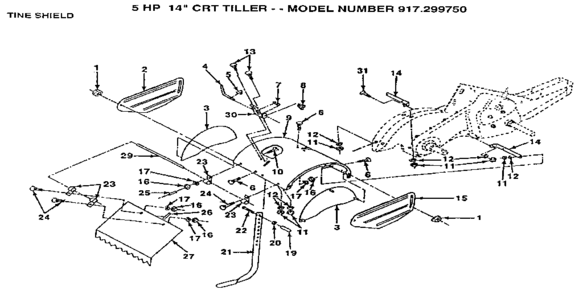 Tine Shield Diagram and Parts List for 917299750  Craftsman Tiller