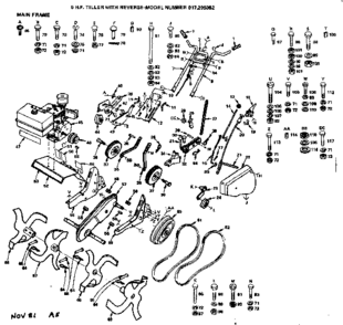 Main Frame Diagram and Parts List for 917299362  Craftsman Tiller