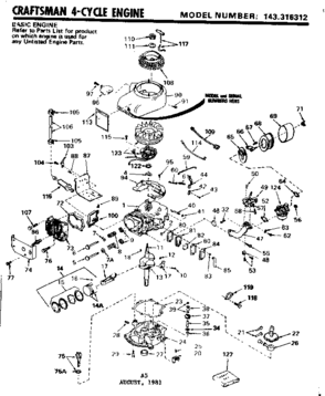 Replacement Parts Diagram and Parts List for 143316312  Craftsman Engine