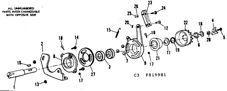 Clutch And Sprocket Assembly Diagram and Parts List for 536819981  Craftsman Lawn Mower