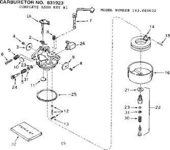 Carburetor Diagram and Parts List for 143665022  Craftsman Engine