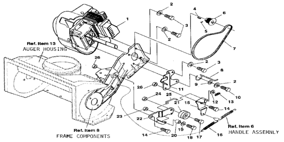 Engine And Drive Diagram and Parts List for 536884350  Craftsman Snow Blower