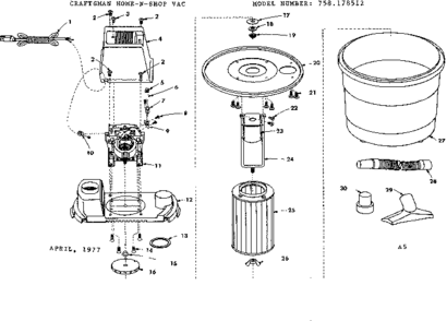 Base Assembly Diagram and Parts List for 758178512  Craftsman Utility Vacuum