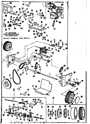 Engine And Wheel Assembly Diagram and Parts List for 53682241  Craftsman Snow Blower