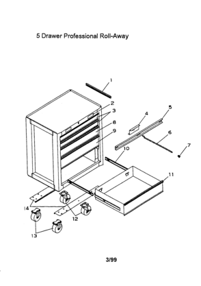 5 Drawer Professional Roll-away Diagram and Parts List for 706651945  Craftsman Tool Stand & Cart
