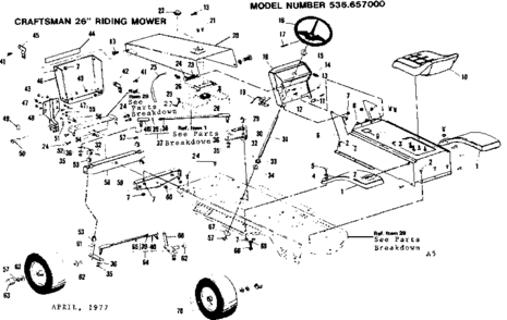 Top Half Diagram and Parts List for 536657000  Craftsman Lawn Mower