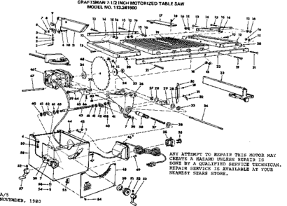 2 Inch Motorized Table Saw Diagram and Parts List for 113241600  Craftsman Table Saw
