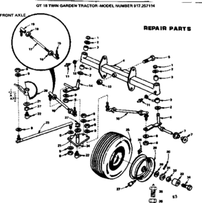 Front Axle Diagram and Parts List for 917257114  Craftsman Lawn Tractor