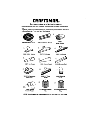 Accessories And Attachments Diagram and Parts List for 113170370  Craftsman Utility Vacuum