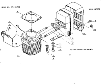 Cylinder And Muffler Assembly Diagram and Parts List for 271281510  Craftsman Trimmer