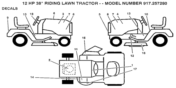 Decals Diagram and Parts List for 917257280  Craftsman Lawn Tractor