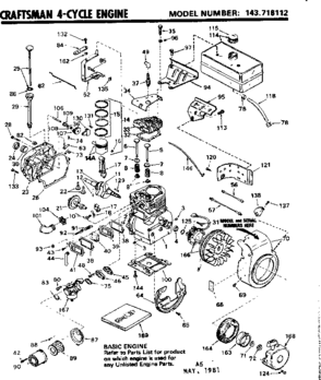 Replacement Parts Diagram and Parts List for 143716112  Craftsman Engine