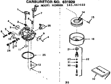 Carburetor Diagram and Parts List for 143667022  Craftsman Engine