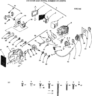 Engine Diagram and Parts List for 917352551  Craftsman Chainsaw