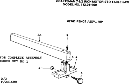 2 Inch Motorized Table Saw/62761 Fence Assy Rip Diagram and Parts List for 113241600  Craftsman Table Saw