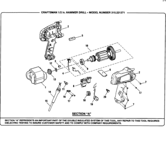 Motor Diagram and Parts List for 315221371  Craftsman Hammer Drill