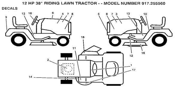 Decals Diagram and Parts List for 917255560  Craftsman Lawn Tractor