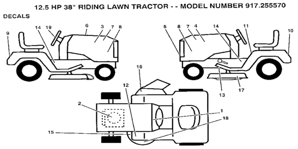 Decals Diagram and Parts List for 917255570  Craftsman Lawn Tractor