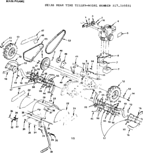 Main Frame Diagram and Parts List for 917299591  Craftsman Tiller