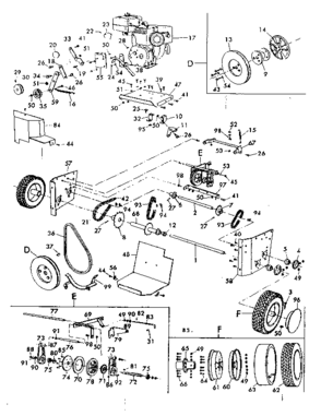 Engine And Wheel Assembly Diagram and Parts List for 53682231  Craftsman Snow Blower