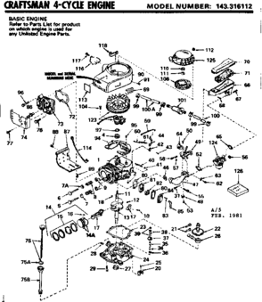 Replacement Parts Diagram and Parts List for 143316112  Craftsman Engine
