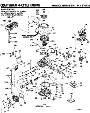 Replacement Parts Diagram and Parts List for 143316132  Craftsman Engine