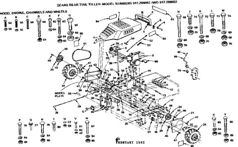 Hood Engine Channels & Wheels Diagram and Parts List for 917299682  Craftsman Tiller