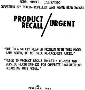 Product Recall Diagram and Parts List for 131974500  Craftsman Lawn Mower