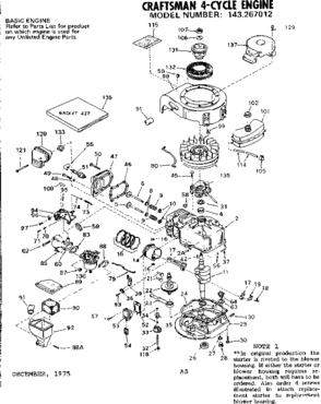 Replacement Parts Diagram and Parts List for 143267012  Craftsman Engine