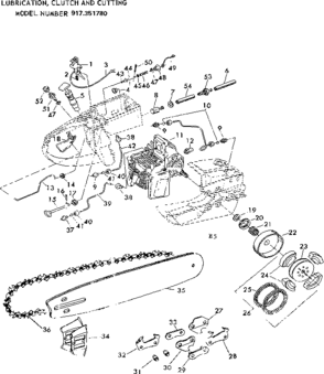 Lubercation, Clutch And Cutting Diagram and Parts List for 917351780  Craftsman Chainsaw