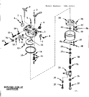 Carburetor Diagram and Parts List for 58031561  Craftsman Engine