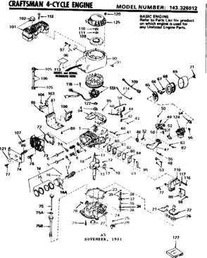 Replacement Parts Diagram and Parts List for 143326012  Craftsman Engine