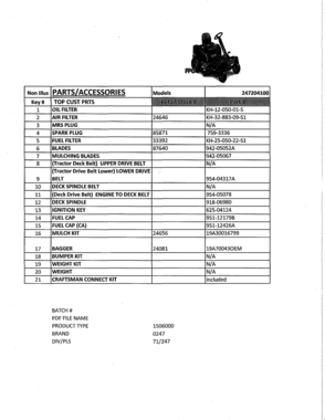 Top Customer Parts Diagram and Parts List for 247204100  Craftsman Engine