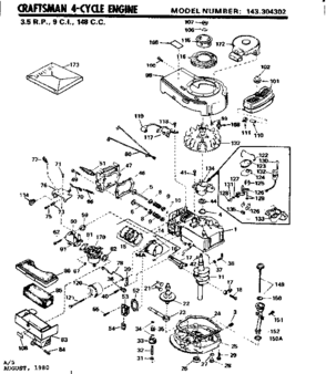 Replacement Parts Diagram and Parts List for 143304302  Craftsman Engine