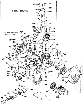 Basic Engine Diagram and Parts List for 143551052  Craftsman Engine