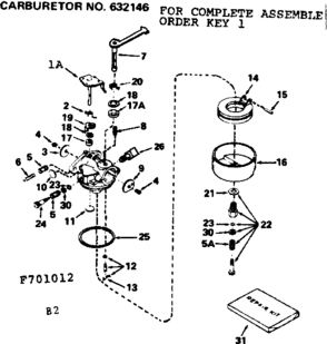 Carburetor Diagram and Parts List for 143701012  Craftsman Engine