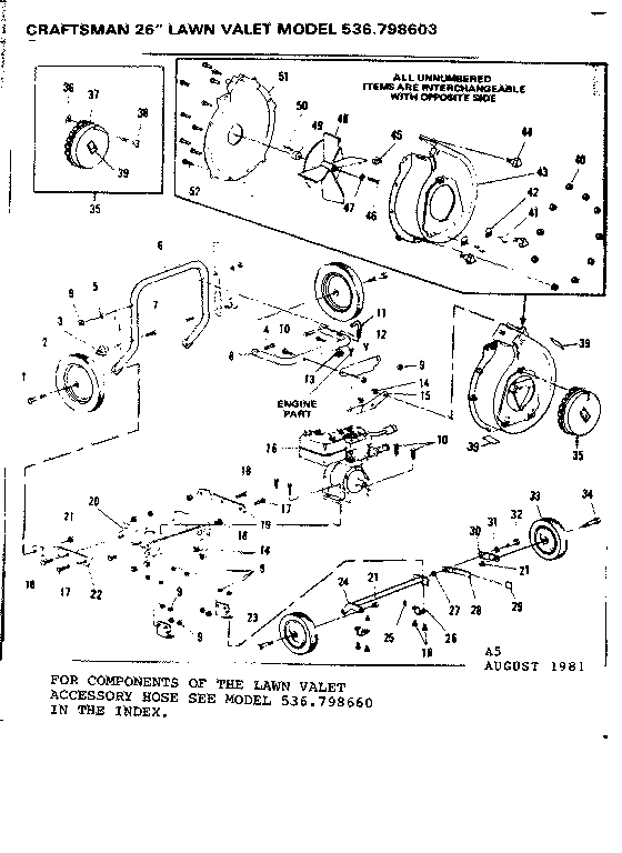 Impeller And Wheel Assembly Diagram and Parts List for 536798603  Craftsman Lawn Mower