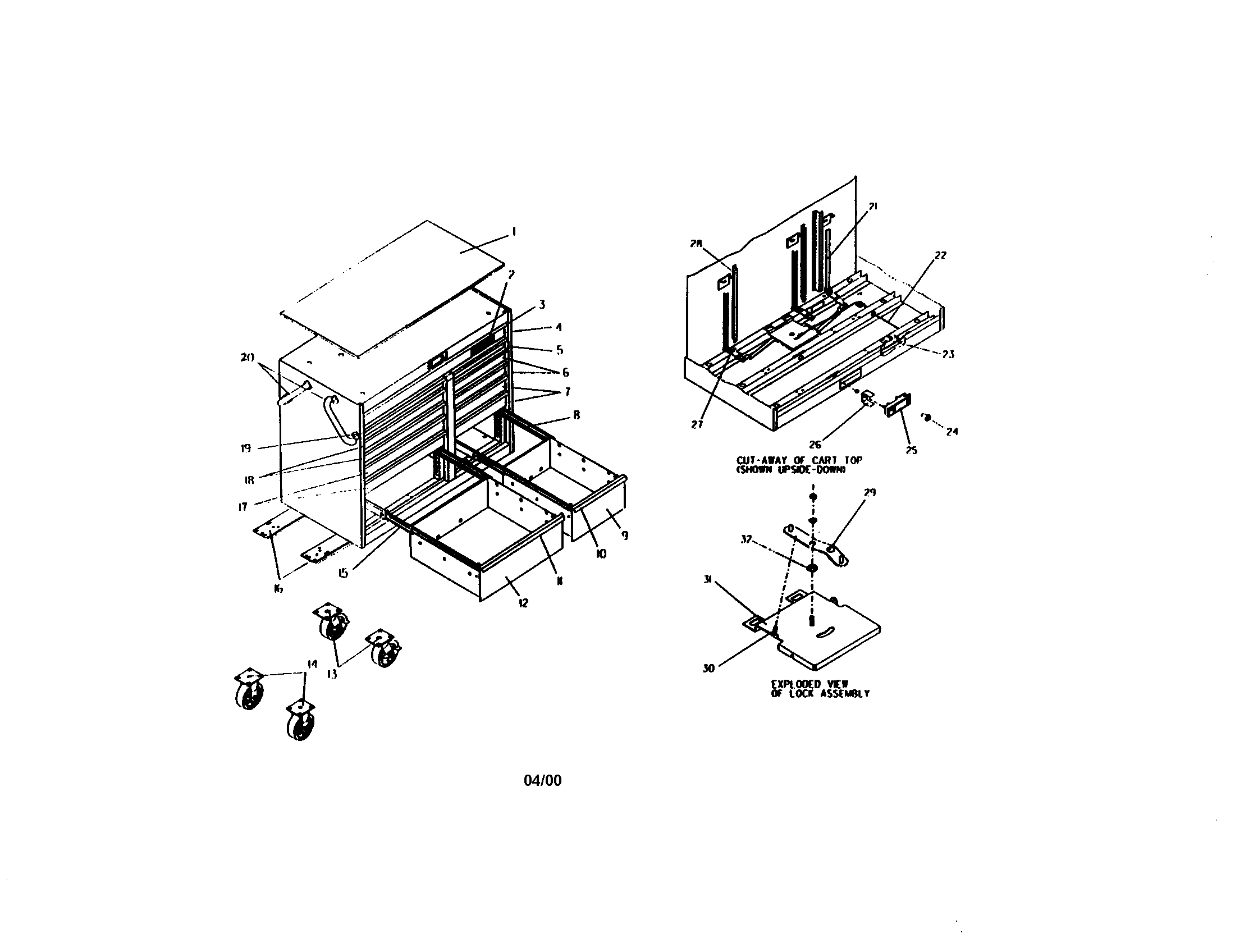 46" 13 Drawer Mobile Tool Cart Diagram and Parts List for 706655780  Craftsman Tool Stand & Cart