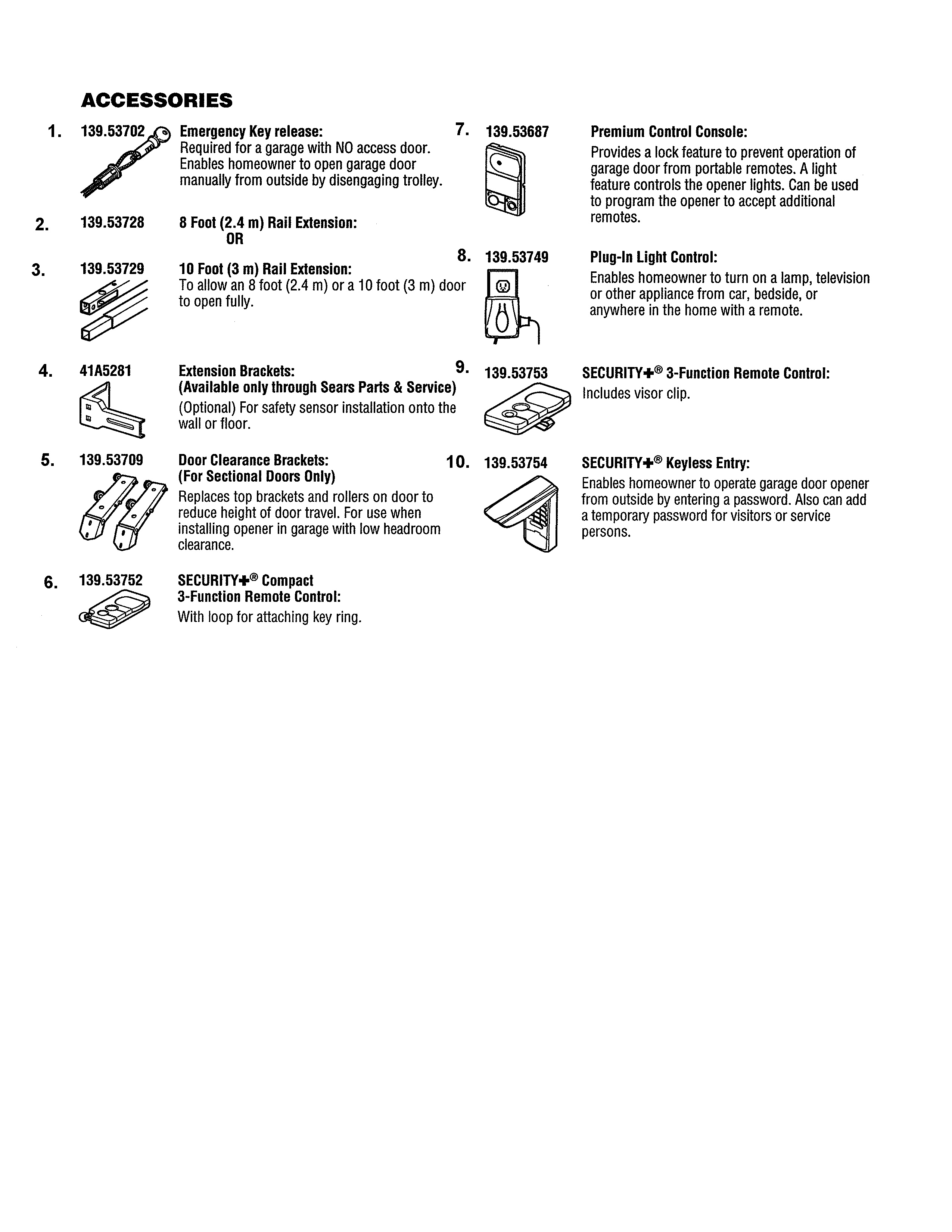 Accessories Diagram and Parts List for 13953920DM  Craftsman Garage Door Opener