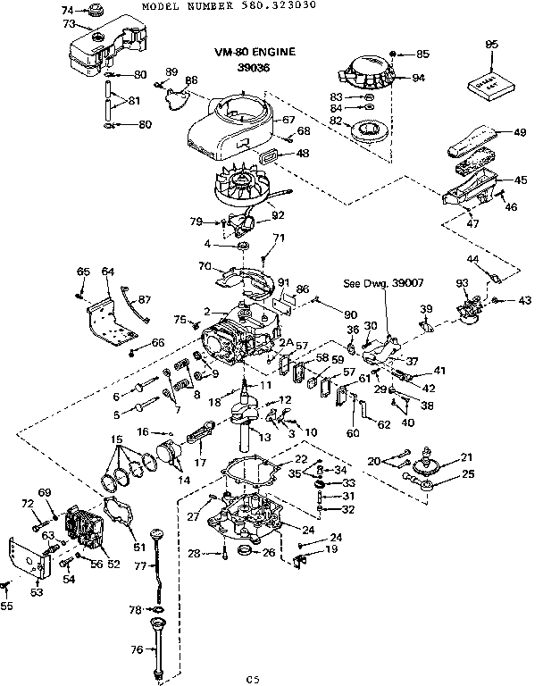 Engine & Alternator Assembly Diagram and Parts List for 580323030  Craftsman Engine