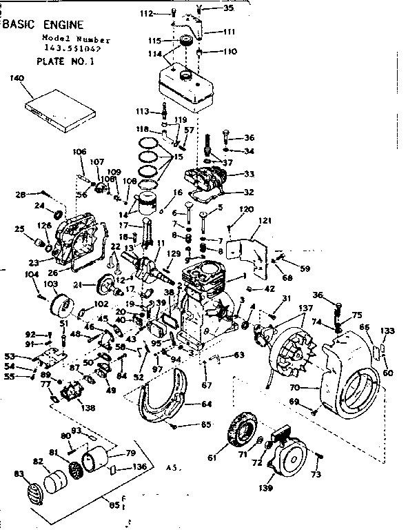 Basic Engine Diagram and Parts List for 143551042  Craftsman Engine
