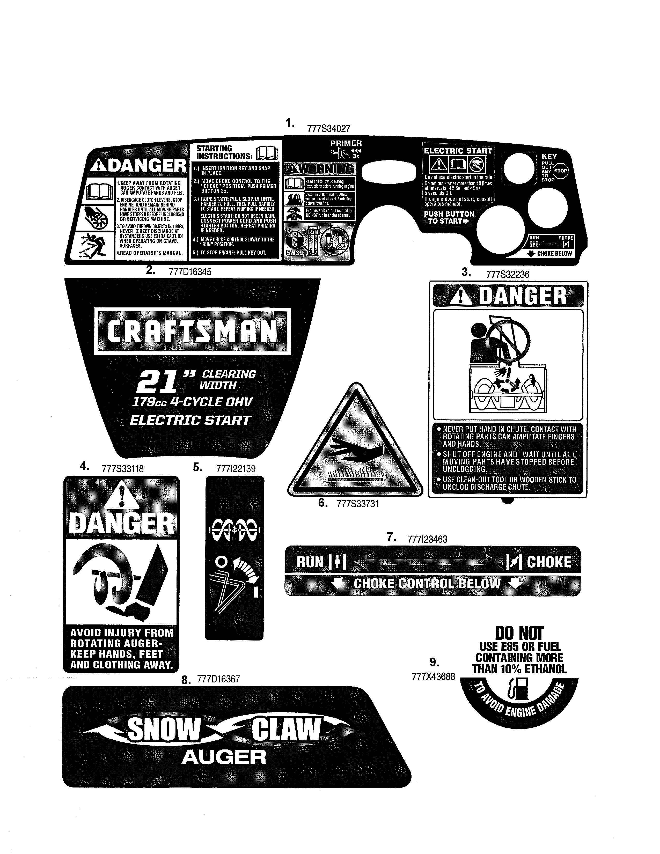 Decals Diagram and Parts List for 247887800  Craftsman Snow Blower