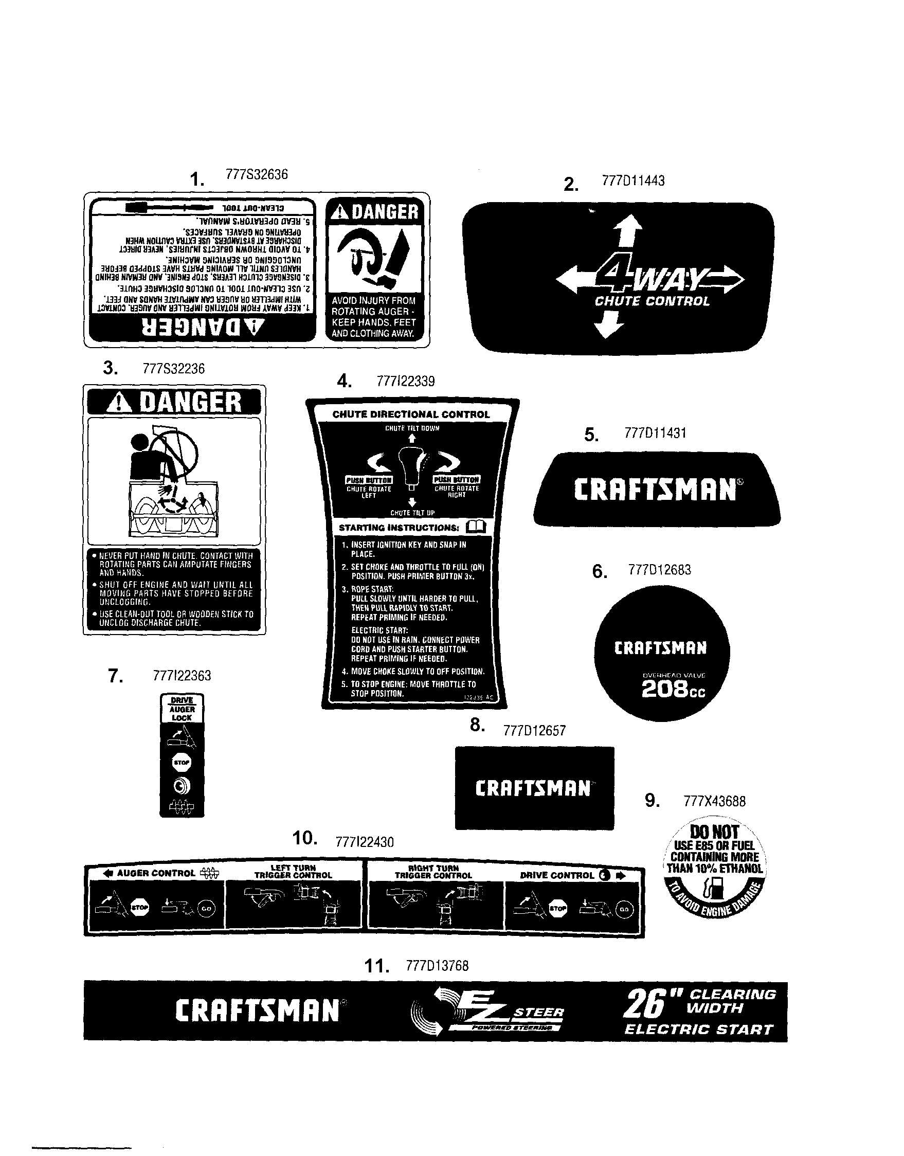 Decals Diagram and Parts List for 247886910  Craftsman Snow Blower
