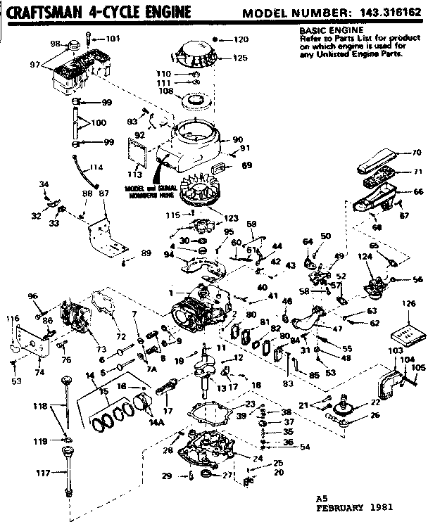 Replacement Parts Diagram and Parts List for 143316162  Craftsman Engine