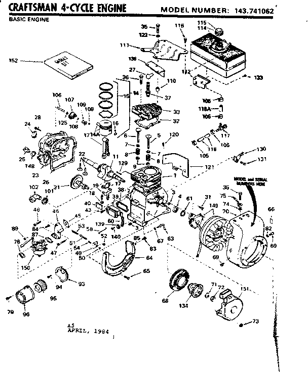 Replacement Parts Diagram and Parts List for 143741062  Craftsman Engine