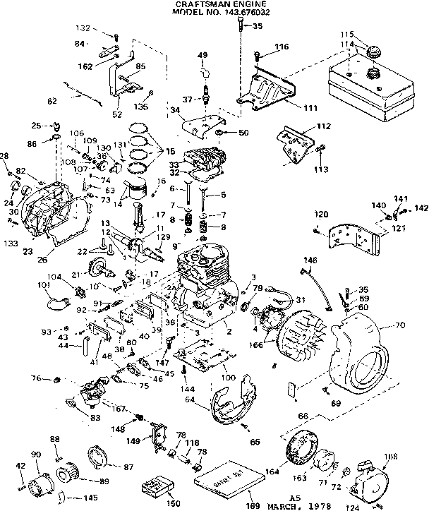 Replacement Parts Diagram and Parts List for 143676032  Craftsman Engine