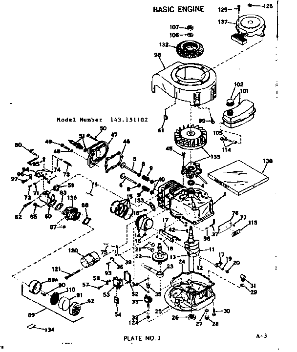 Basic Engine Diagram and Parts List for 143151102  Craftsman Engine