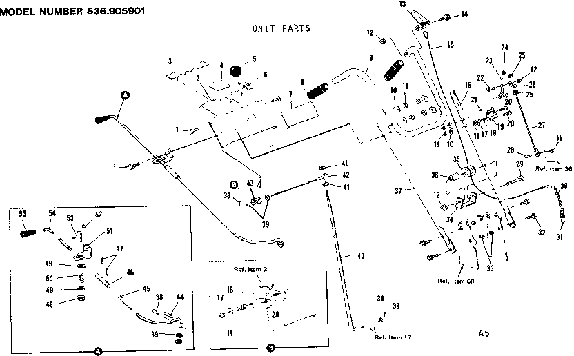 Handle Assembly Diagram and Parts List for 536905901  Craftsman Snow Blower