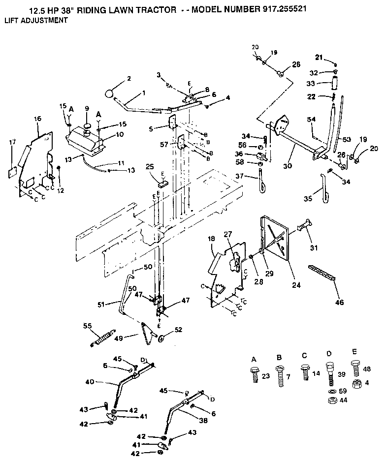 Lift Adjustment Diagram and Parts List for 917255521  Craftsman Lawn Tractor